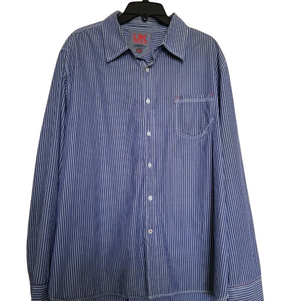 French Connection Men's Blue and White Striped Button-Down Shirt - Size XL